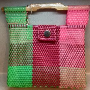 Mexican woven purse handbag with wooden handle